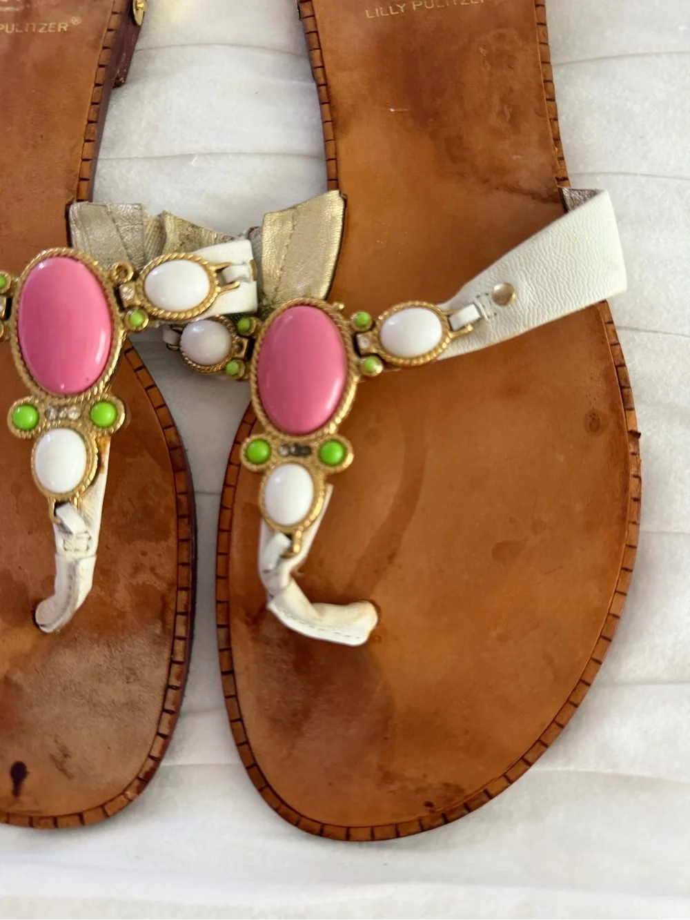 Lilly Pulitzer White Leather Sandals with Pink and Lime Gemstones